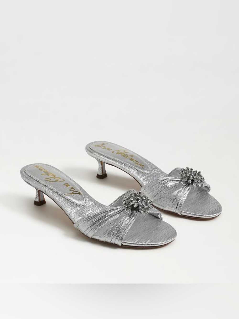 Sam Edelman Silver Metallic Embellished Kitten Heel Mules
